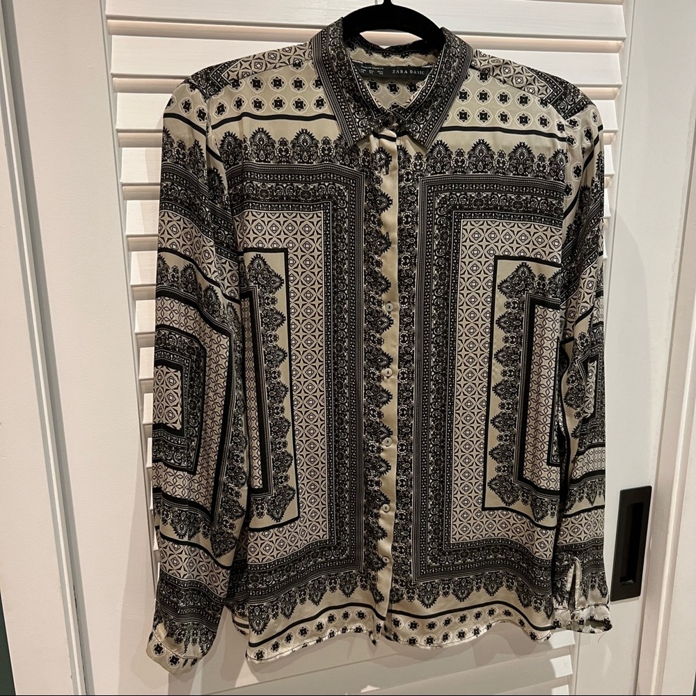 Scarf print graphic satin button up shirt blouse